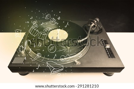 Turntable playing classical music with icon drawn instruments concept on background
