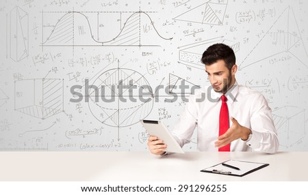Business man sitting at white table with hand drawn calculations background