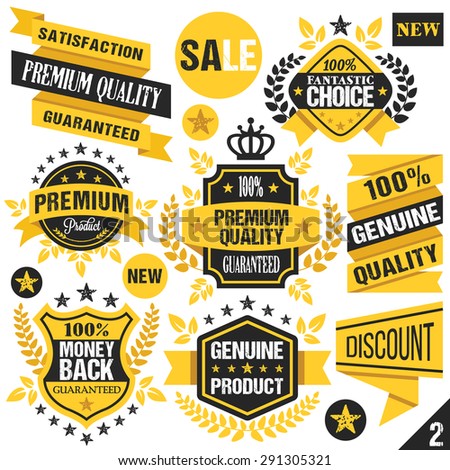 Black and yellow stickers, badges, labels and ribbons. Set 2