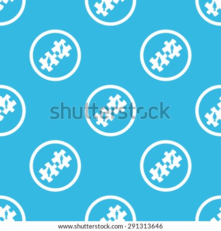 Image of puzzle pieces with man and woman in circle, repeated on blue background