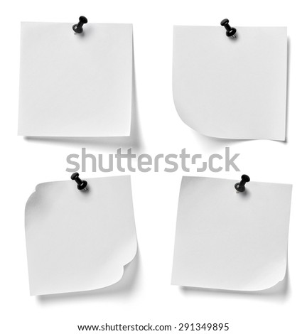 collection of various note paper with a red push pin on white background. each one is shot separately