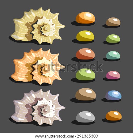 Seashells and pebbles set. Hand drawn vector illustration.