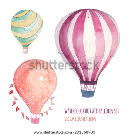 Watercolor hot air balloon set. Hand drawn vintage air balloons with flags garlands, polka dot pattern and retro design. Vector illustrations isolated on white background