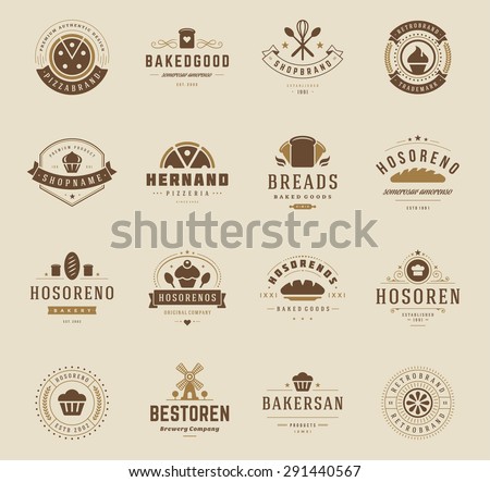 Bakery Shop Logos, Badges and Labels Design Elements set. Bread, cake, cafe vintage style objects retro vector illustration. Royalty-Free Stock Photo #291440567