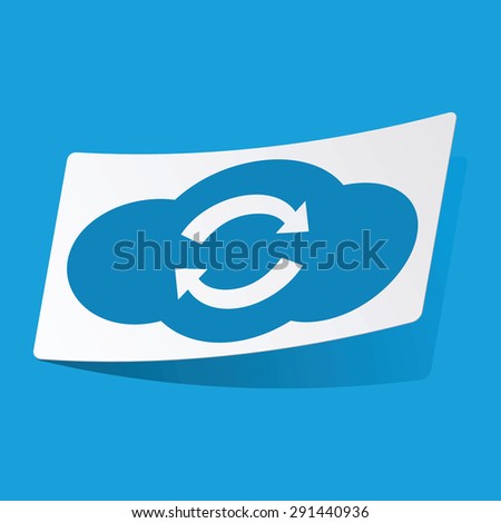 Sticker with cloud exchange icon, isolated on blue