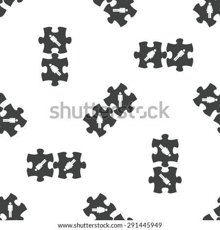 Image of two puzzle pieces with man and woman symbols, repeated on white background