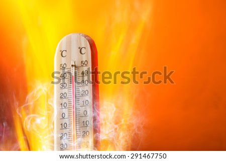 Celsius thermomether with fire flames, hot weather. Royalty-Free Stock Photo #291467750