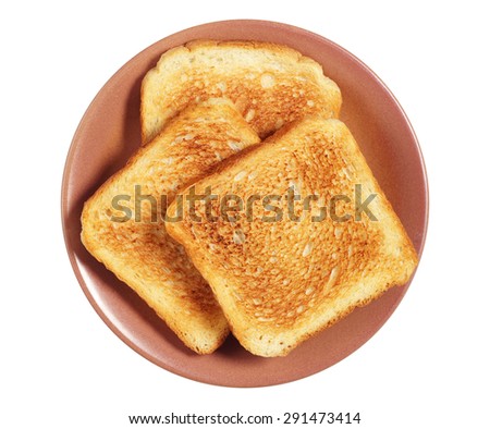 Plate with toasted bread isolated on white background, top view Royalty-Free Stock Photo #291473414