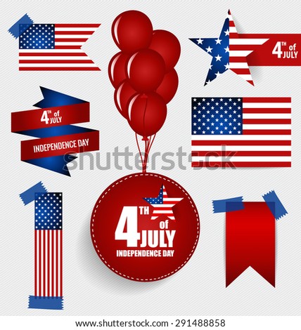 Collection of American Flags for Independence Day. Vector illustration.