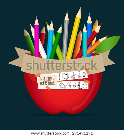 Welcome back to school with paper note and Color pencils background, vector illustration.