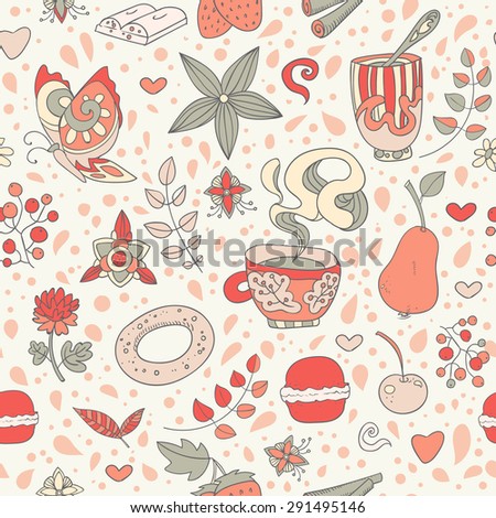 Seamless vector hand drawn background food with sweets, tea, cupcake, coffee