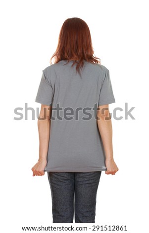 female with blank gray t-shirt (back side) isolated on white background