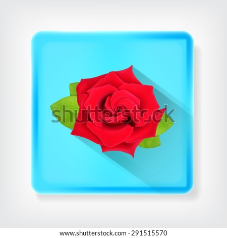 Red rose with green leaves. Rose icon with long shadow. High quality vector. EPS10 vector