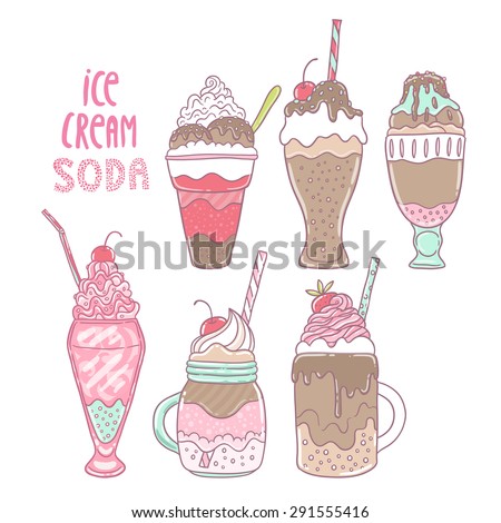 Ice cream soda illustration. Cute cartoon hand drawn food. Vector image.