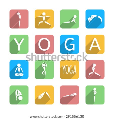 yoga icons set in colorful squares and text "yoga" on white background, vector illustration
