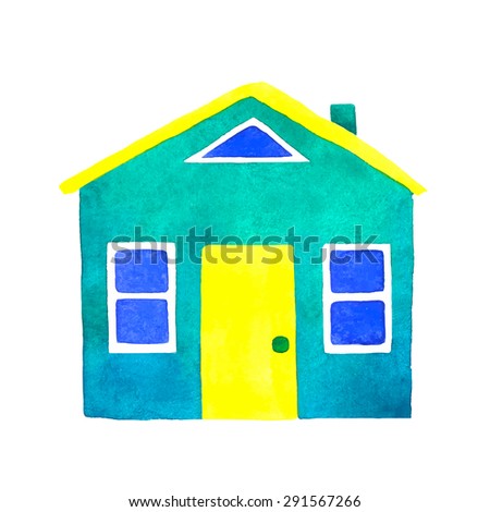 Vector watercolor green house with yellow roof.