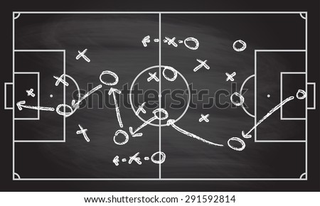 Football or soccer game strategy plan isolated on blackboard texture with chalk rubbed  background. Sport infographics element. Vector illustration.  Royalty-Free Stock Photo #291592814