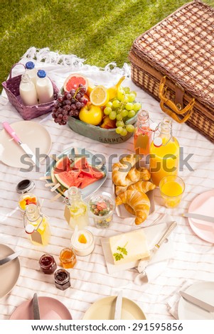 Healthy tropical summer picnic with fresh organic fruit, milk, fruit juice, croissants, butter, jam empty plates and a hamper laid out on a blanket on the grass