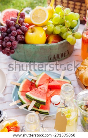 Fresh healthy tropical fruit on a picnic blanket on the grass with sliced watermelon on sticks and a bowl of grapes, apple, grapefruit, orange and banana