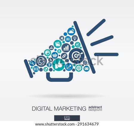 Color circles, flat icons in a speaker shape: digital marketing, social media, network, computer concept. Abstract background with connected objects in integrated group of element. Vector illustration