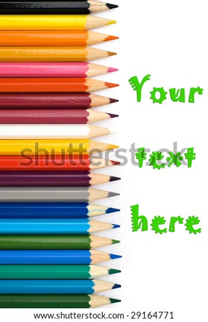 Color pencils in arrange in color wheel colors on white background