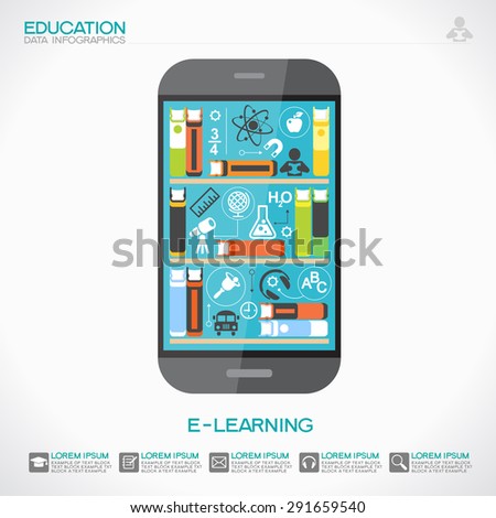Background education infographics. Telephone with books on screen surrounded by scientific icons. The idea of education in the Internet. This illustration contains transparency