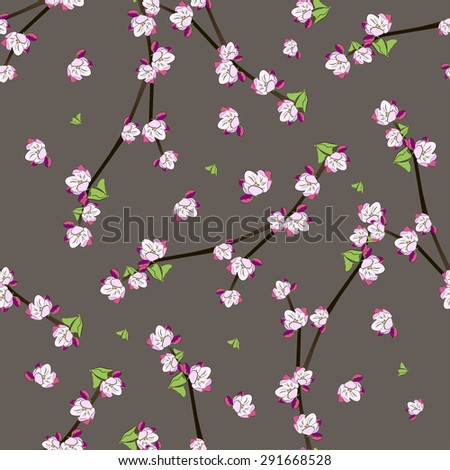 Seamless pattern with blooming apple twigs on the brown background. Vector illustration vintage twig with flowers