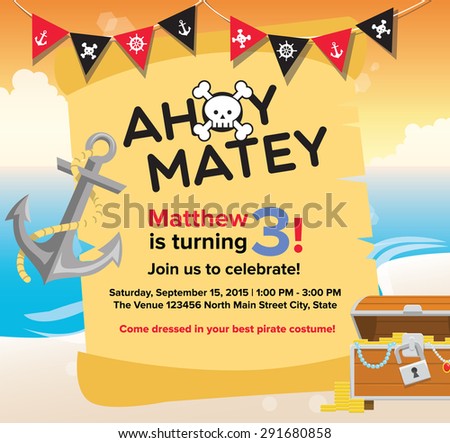 Ahoy Matey Pirate Birthday Invitation Card Template
