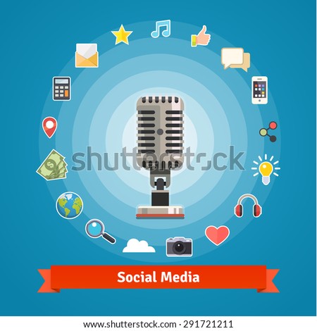 Social media marketing and podcasts recording studio concept and icons. Flat style vector set.