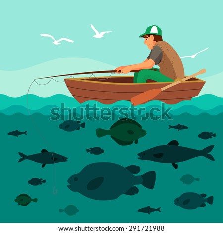 Man fishing on the boat. Lots of fish in the sea and seagulls in the sky. Flat vector illustration.