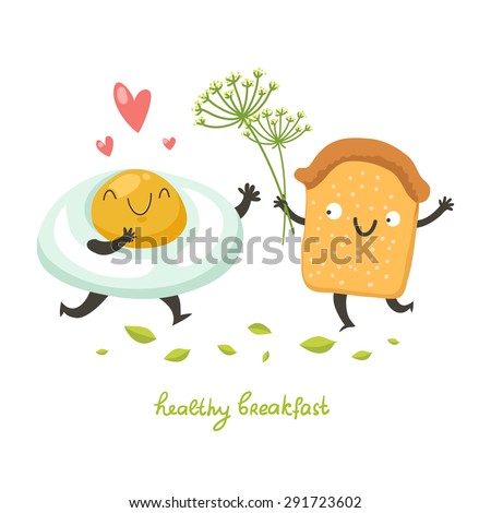 Vector cute breakfast: cartoon egg and toast bread characters going to hug. Vector colorful illustration isolated on white