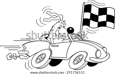 Black and white illustration of a dog in a sports car waving a checkered flag.