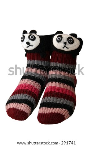 A pair of panda slipper socks, isolated.