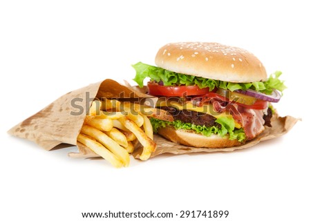 Delicious hamburger and french fries isolated on white background