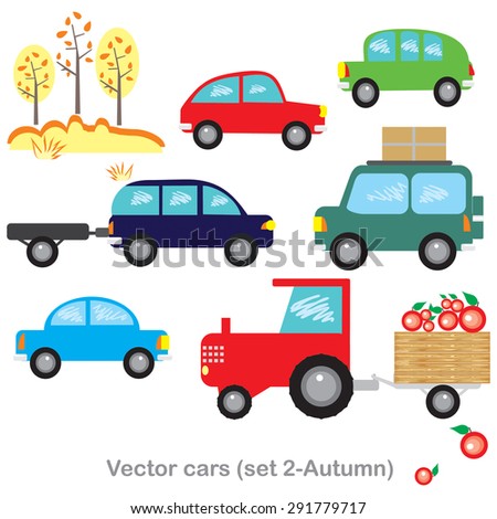 Set of vector objects autumn cars, trees, tractor. 