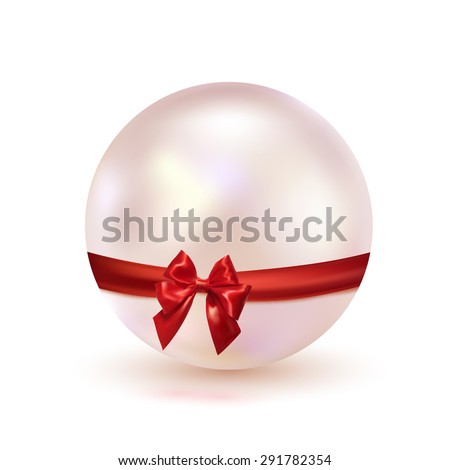 Pink pearl with a red bow of satin ribbon isolated on a white background. Glamorous design. Jewelry. Vector illustration.