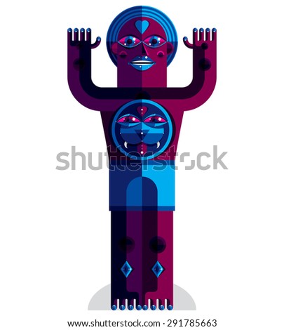 Pagan symbol vector illustration, spiritual cult theme. Modernistic drawing of a weird character. Flat design portrait isolated on white.