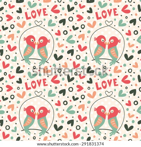 Romantic pattern with cute colorful hearts and lovebirds.