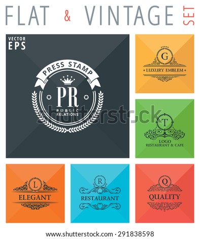 Vector flat and vintage elements icons. Signs and Symbols collection with long shadow effect in stylish colors of web design objects. Luxury logo calligraphic elegant decor with ornament