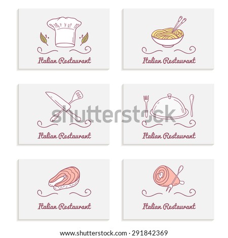 Business cards set with doodle food logos. Template for restaurant or cafe. Hand drawn labels. Vector illustration