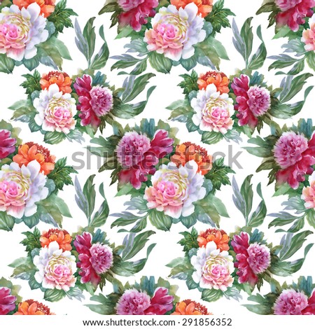 Watercolor Summer Colorful Peony floral Seamless pattern on white background vector illustration