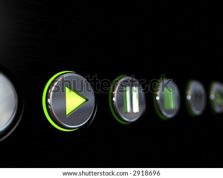 Media player buttons on a brushed metal surface with the play button glowing as if turned on