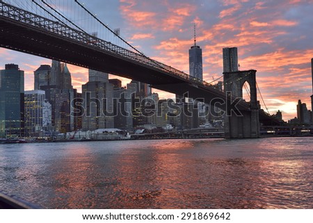 Brooklyn Bridge and Lower Manhattan at sunset, New York City, New York