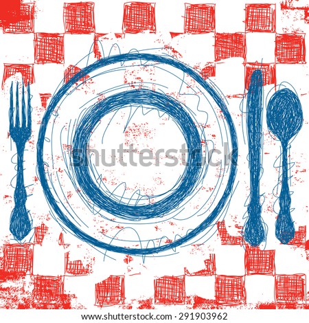 Blue Plate Special
Sketchy, hand drawn blue plate and silverware over an abstract red, checkerboard tablecloth background.