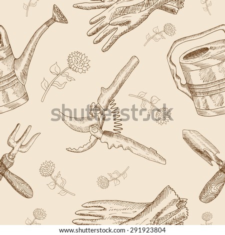 Seamless background with vintage garden tools and flowers