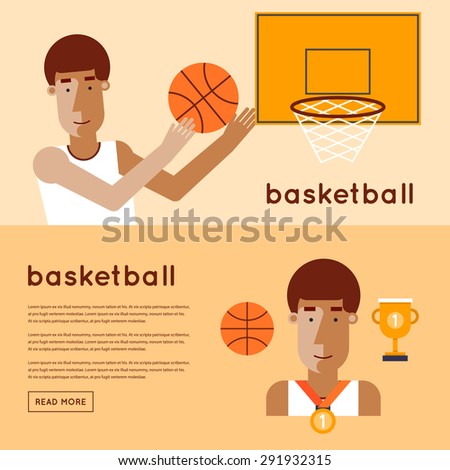 Man playing basketball game winner. 2 banners. Flat style vector illustration.