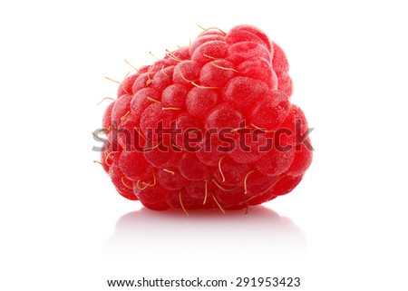 One ripe raspberry on white background.