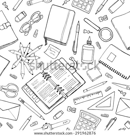 Seamless stationery pattern. Hand-drown black and white background. Doodle stylish office pattern