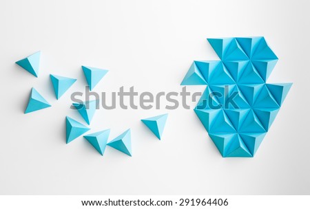blue paper pyramids merging towards a shape, on white background