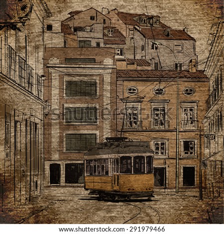 Vector illustration with buildings and old tram.